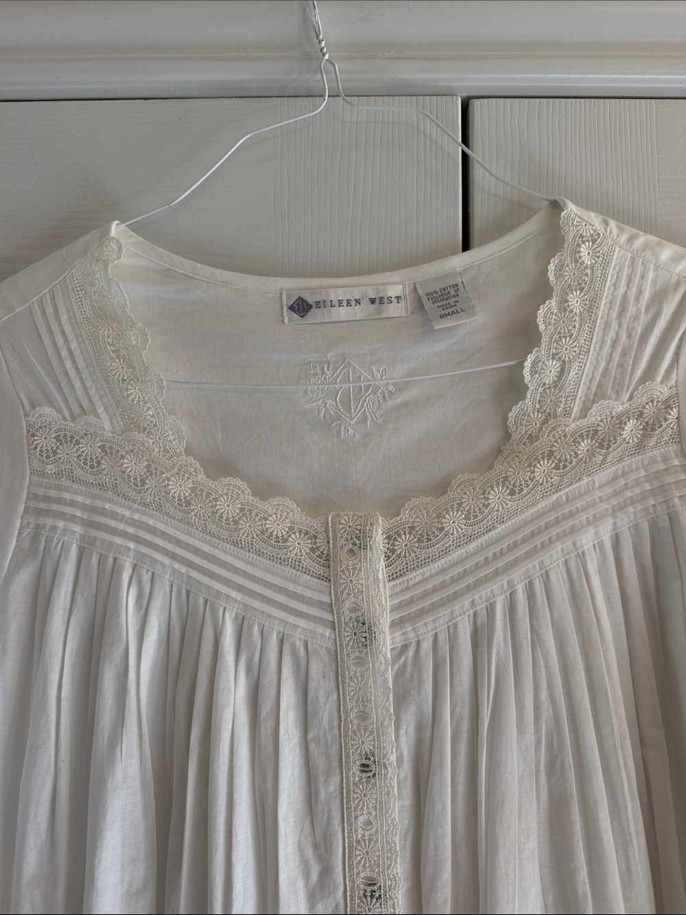 Vintage 90s, Eileen West White Button-Front Long Nightgown with Lace Yoke, Sz S - Picture 6 of 9
